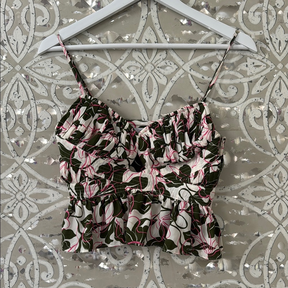 PARKER Cream Green Pink Floral Key Hole Peplum Tank Top 4